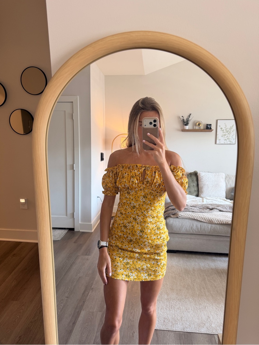 Off-Shoulder Yellow Floral Mini Dress